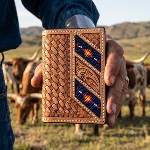 Western Tooled Saddle Tan Leather Tri-Fold Wallet Basketweave Beaded